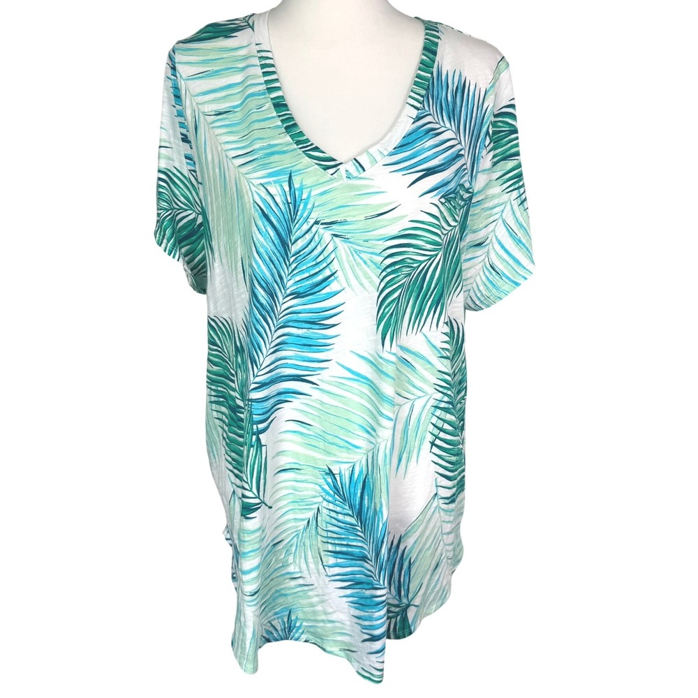 TAHARI Women 2X 100% Cotton White Green Blue Palm Leaf Tropical V Neck Top Shirt